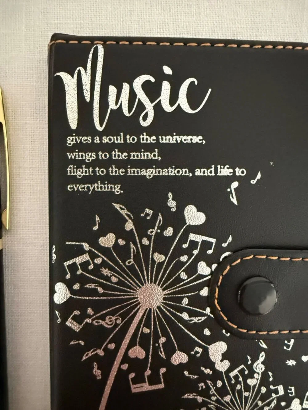 Music Journal Notebook Pen Set Black Faux Leather Music Notes Musician Gift